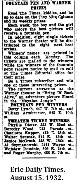 Fountain Pen and Warner Tickets, Erie Daily Times, August 15, 1932.