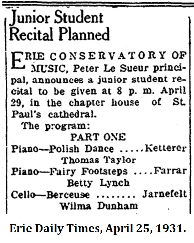 Junior Student Recital Planned, Erie Daily Times, April 25, 1931.