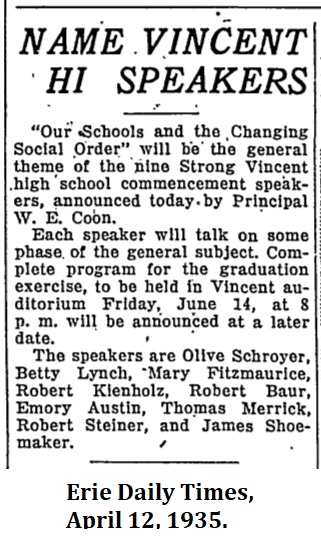 Name Vincent Hi Speakers, Erie Daily Times, April 12, 1935.