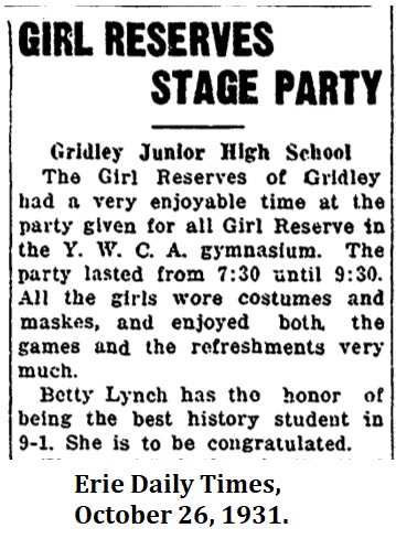 Girl Reserves Stage Party, Erie Daily Times, October 26, 1931.