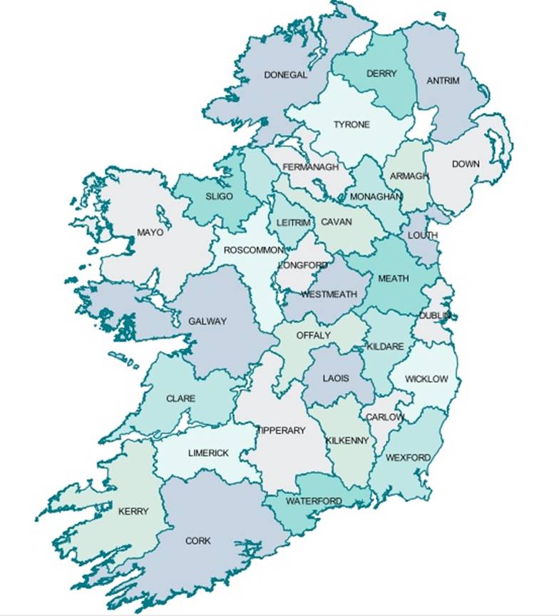 Map of Ireland showing counties