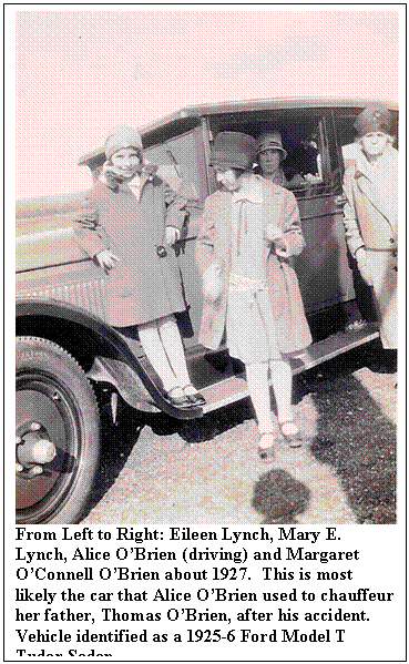 Text Box:  
From Left to Right: Eileen Lynch, Mary E. Lynch, Alice OBrien (driving) and Margaret OConnell OBrien about 1927.  This is most likely the car that Alice OBrien used to chauffeur her father, Thomas OBrien, after his accident.  Vehicle identified as a 1925-6 Ford Model T Tudor Sedan.
