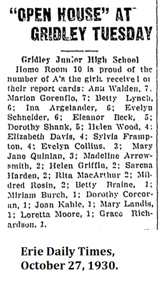 Open House at Gridley, Erie Daily Times, October 27, 1930.